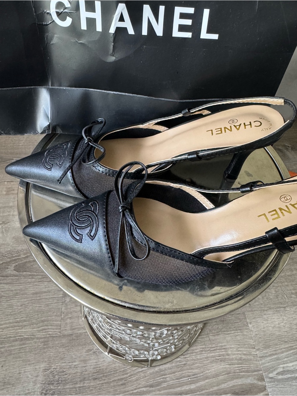 Black leather inspired slingback kitten heels